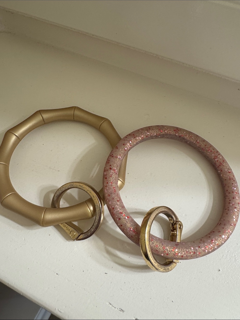 Set of 2 Used Gold Bamboo Bangle Keyring & Pink Glitter Resin O-Ring Keyring